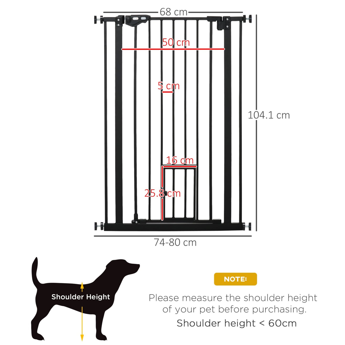 PawHut Extra Tall Dog Gate with Cat Flap, Pet Safety Gate for Doorways Stairs with Auto Close Double Locking, 104 cm Tall 74 - 80 cm Wide, Black - Baig Merchant