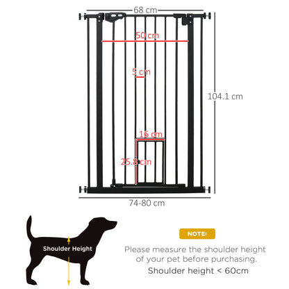 PawHut Extra Tall Dog Gate with Cat Flap, Pet Safety Gate for Doorways Stairs with Auto Close Double Locking, 104 cm Tall 74 - 80 cm Wide, Black - Baig Merchant