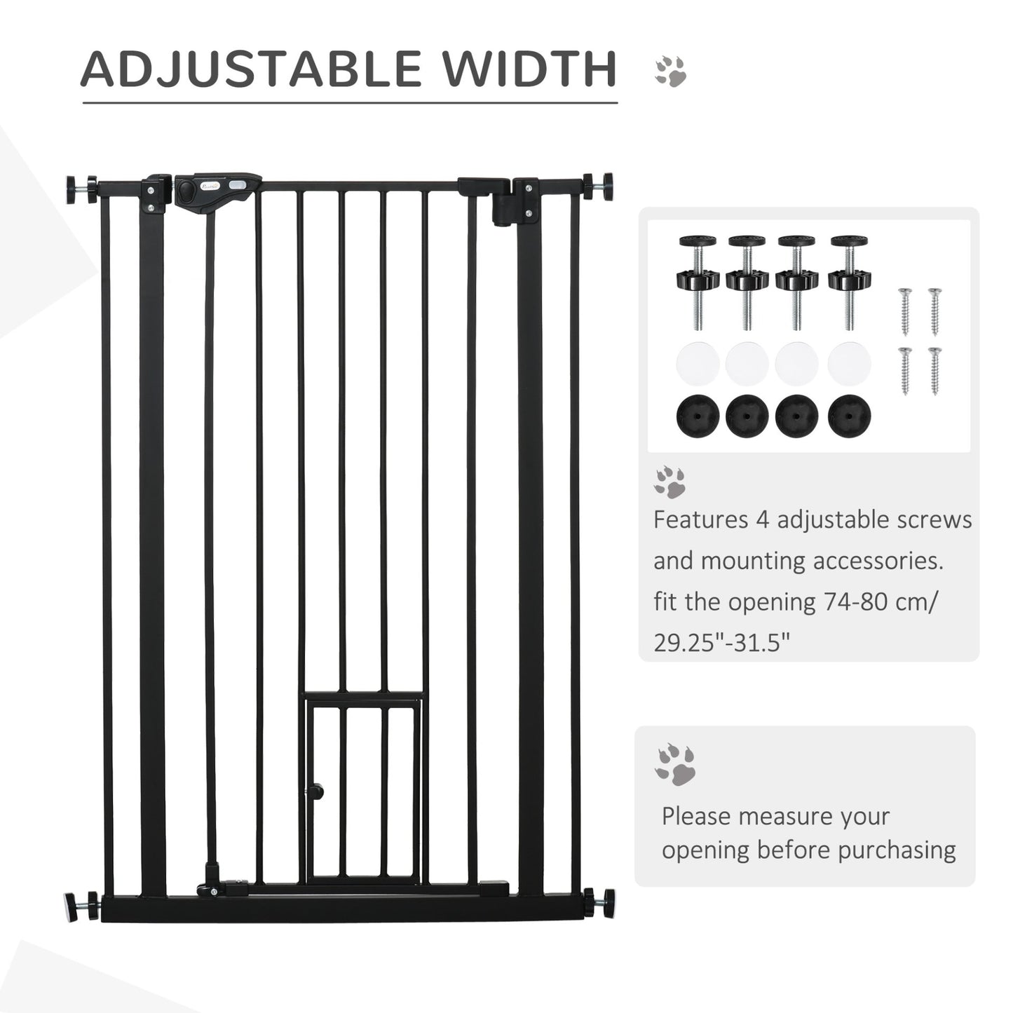 PawHut Extra Tall Dog Gate with Cat Flap, Pet Safety Gate for Doorways Stairs with Auto Close Double Locking, 104 cm Tall 74 - 80 cm Wide, Black - Baig Merchant