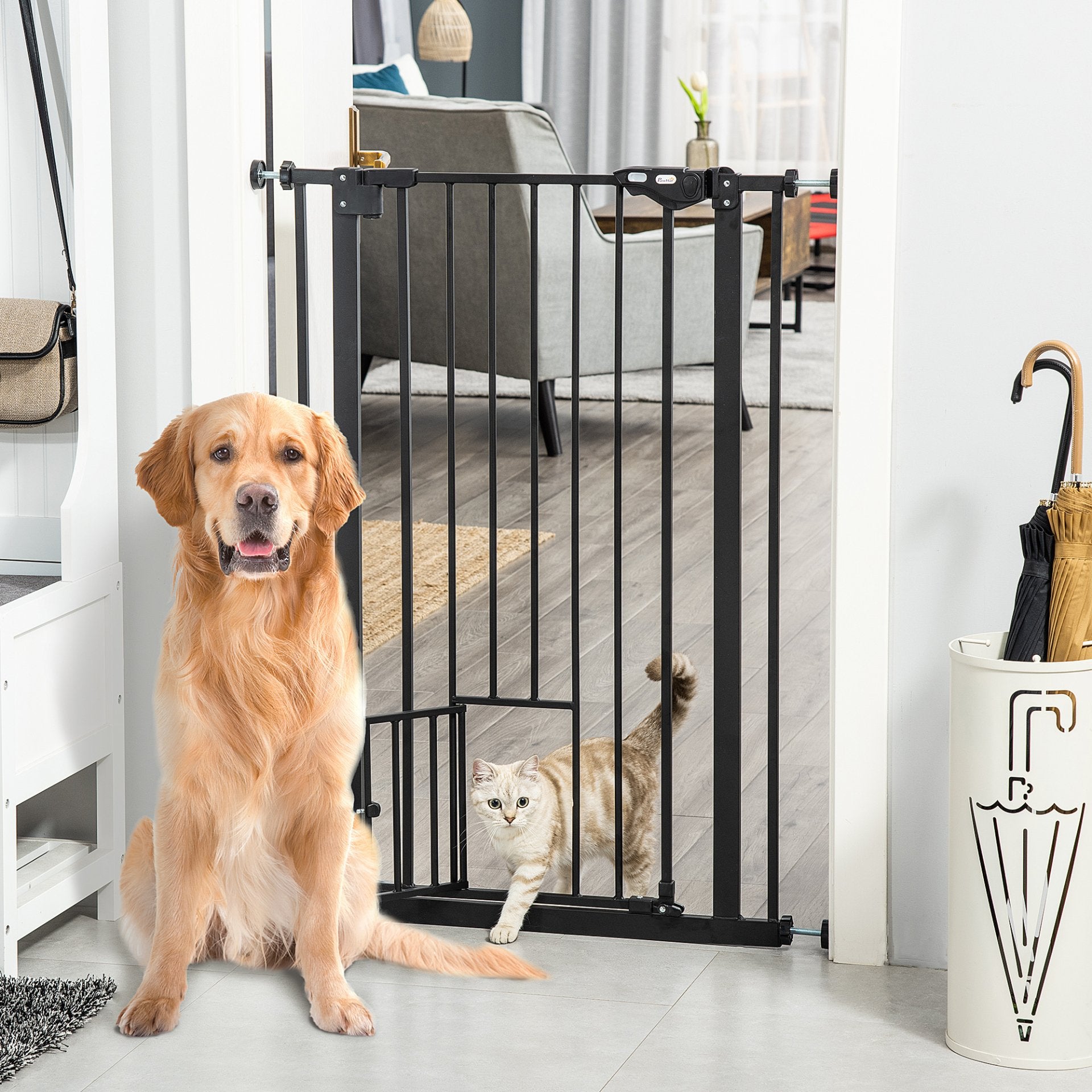 PawHut Extra Tall Dog Gate with Cat Flap, Pet Safety Gate for Doorways Stairs with Auto Close Double Locking, 104 cm Tall 74 - 80 cm Wide, Black - Baig Merchant