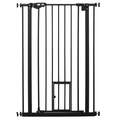 PawHut Extra Tall Dog Gate with Cat Flap, Pet Safety Gate for Doorways Stairs with Auto Close Double Locking, 104 cm Tall 74 - 80 cm Wide, Black - Baig Merchant