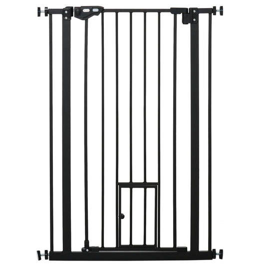 PawHut Extra Tall Dog Gate with Cat Flap, Pet Safety Gate for Doorways Stairs with Auto Close Double Locking, 104 cm Tall 74 - 80 cm Wide, Black - Baig Merchant