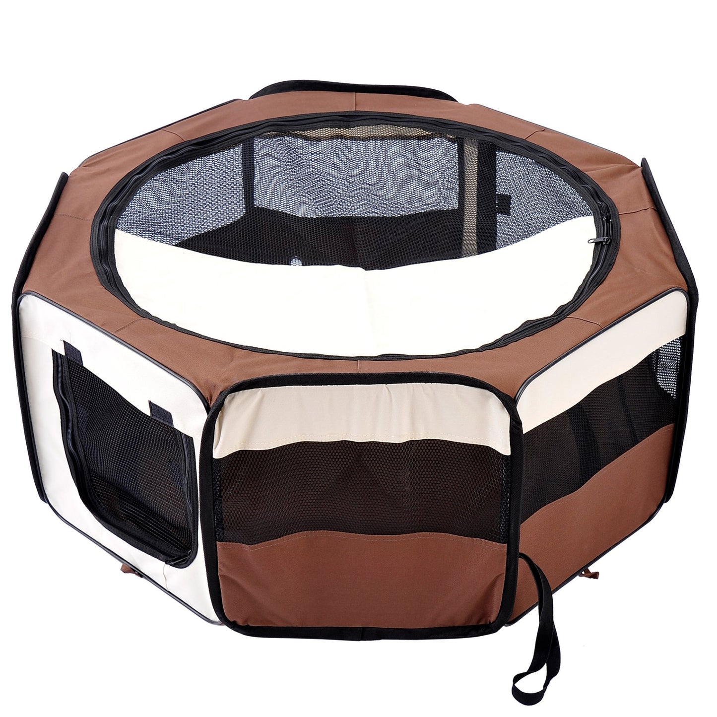 PawHut Fabric Dog Play Pen Puppy Pet Cat Rabbit Pig Guinea Playpen Run Indoor & Outdoor, Dia 90 x 41H cm Brown - Baig Merchant