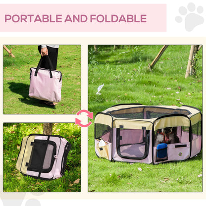 PawHut Fabric Pet Whelping Box Dog Cat Puppy Playpen Rabbit Guinea Pig Play Pen in Pink With Carry Bag Small Dia 90 x 41Hcm - Baig Merchant