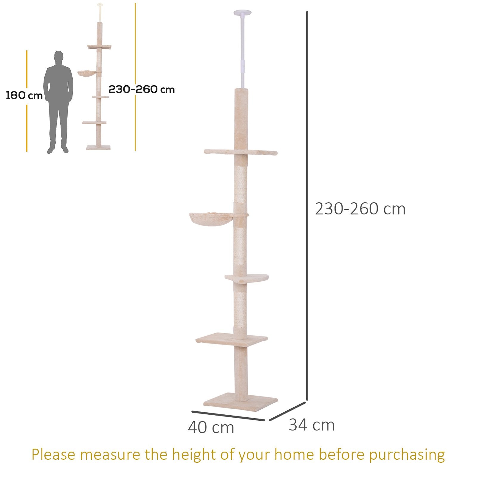 PawHut Floor to Ceiling Cat Tree for Indoor Cats 5 - Tier Kitty Tower Climbing Activity Center Scratching Post Adjustable Height 230 - 260cm Beige - Baig Merchant