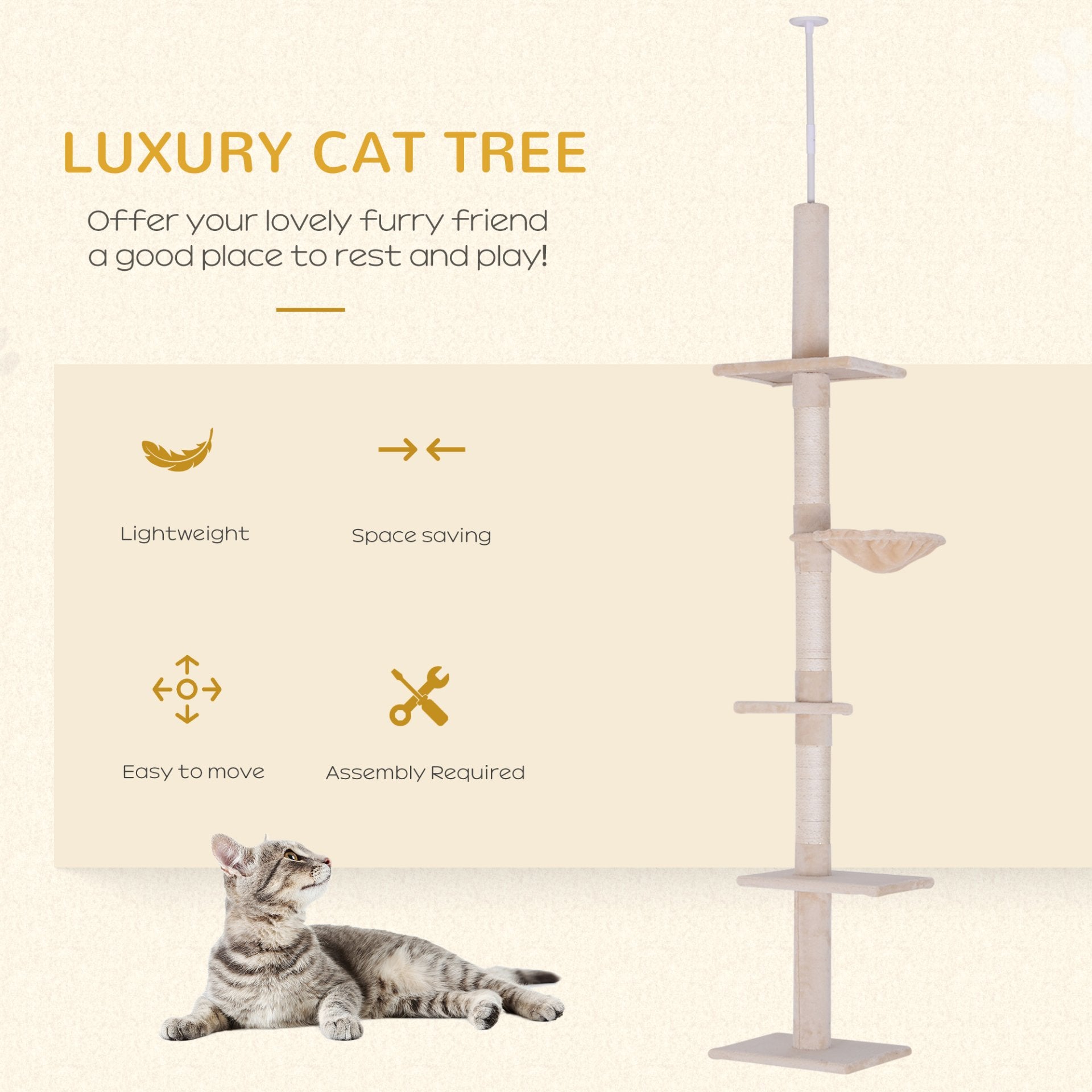 PawHut Floor to Ceiling Cat Tree for Indoor Cats 5 - Tier Kitty Tower Climbing Activity Center Scratching Post Adjustable Height 230 - 260cm Beige - Baig Merchant