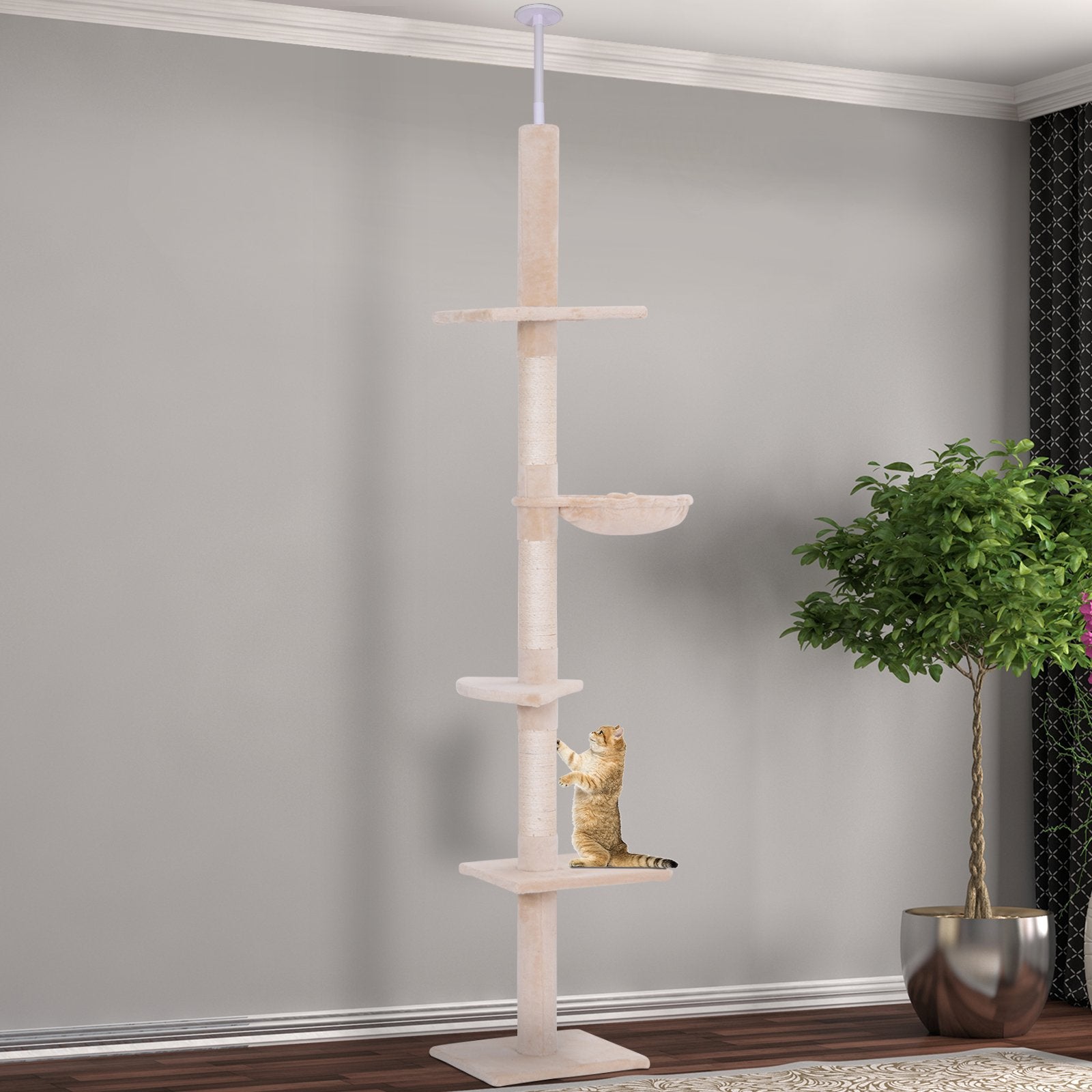 PawHut Floor to Ceiling Cat Tree for Indoor Cats 5 - Tier Kitty Tower Climbing Activity Center Scratching Post Adjustable Height 230 - 260cm Beige - Baig Merchant