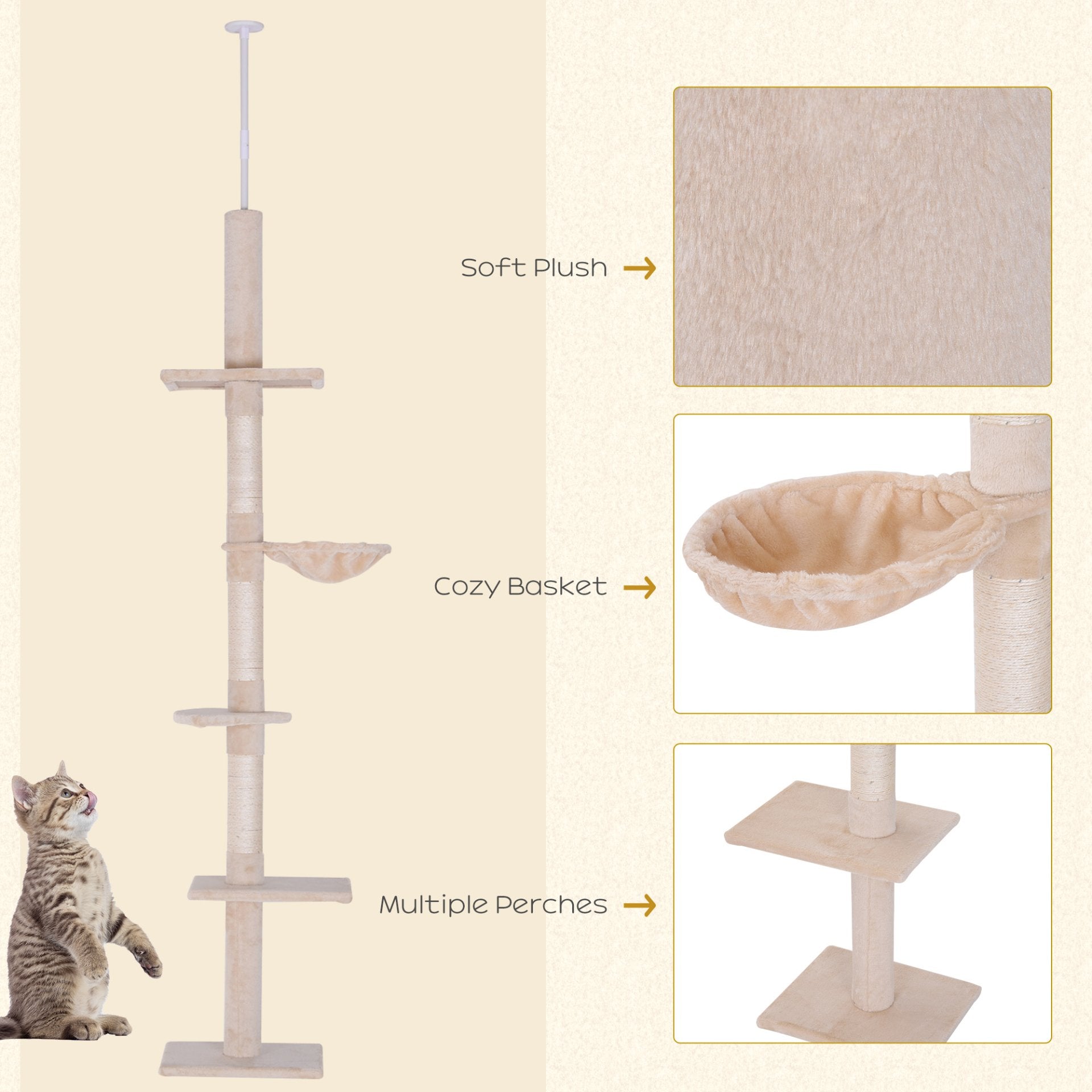 PawHut Floor to Ceiling Cat Tree for Indoor Cats 5 - Tier Kitty Tower Climbing Activity Center Scratching Post Adjustable Height 230 - 260cm Beige - Baig Merchant