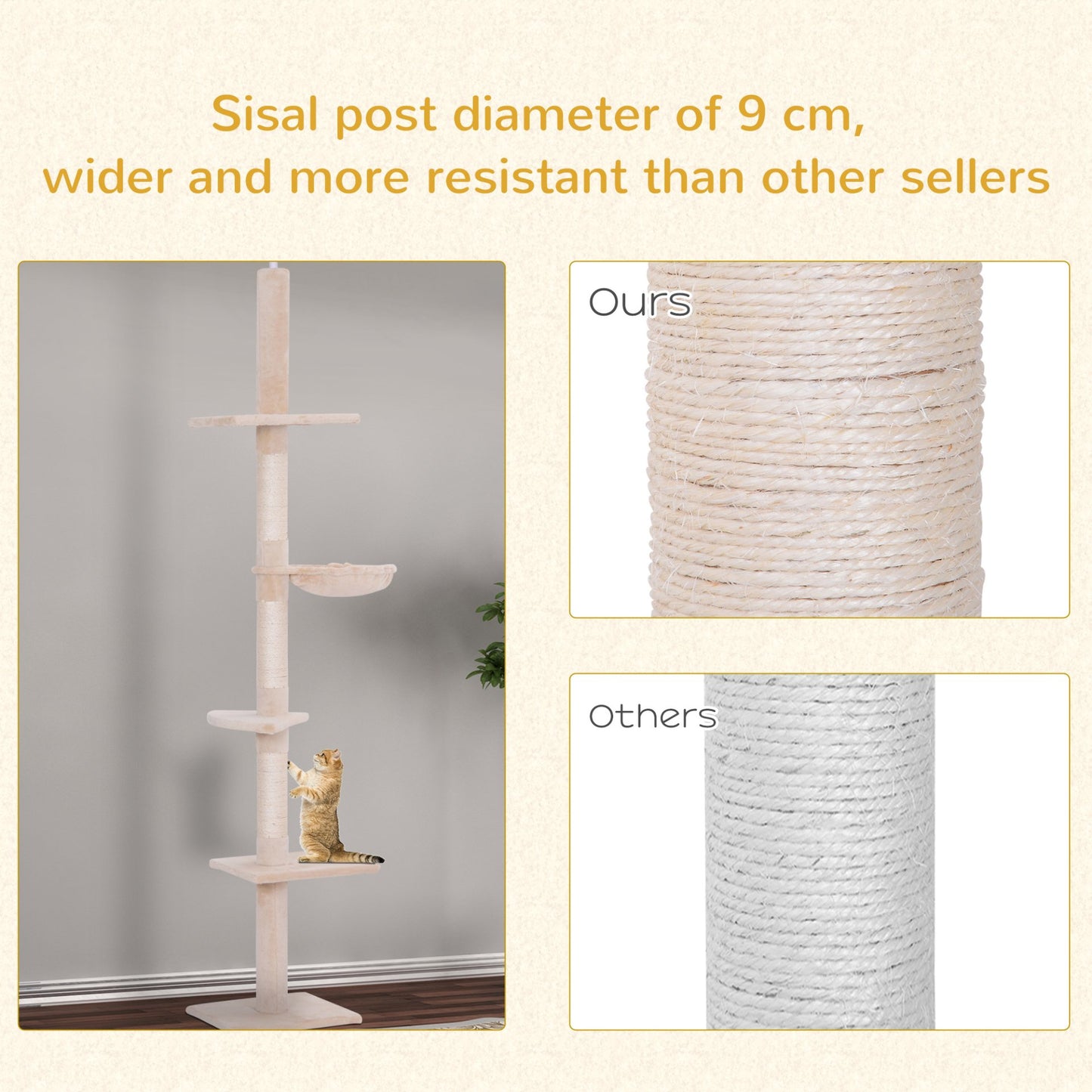 PawHut Floor to Ceiling Cat Tree for Indoor Cats 5 - Tier Kitty Tower Climbing Activity Center Scratching Post Adjustable Height 230 - 260cm Beige - Baig Merchant