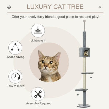 PawHut Floor to Ceiling Cat Tree for Indoor Cats, Kitten Tower, Condo, Multi - Layer Activity Center, Indoor Pet Play House with Solid Scratching Post Hanging Balls, Light Grey - Baig Merchant