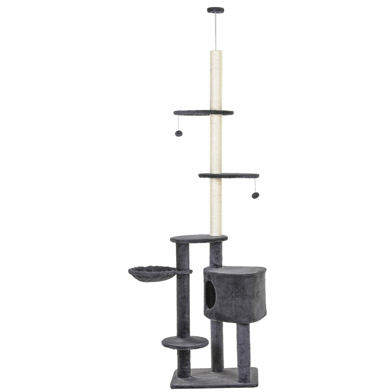 PawHut Floor to Ceiling Cat Tree for Indoor Cats Play Tower Climbing Activity Center Scratching Post Platforms Condo Adjustable Height 220 - 265cm Dark Grey - Baig Merchant