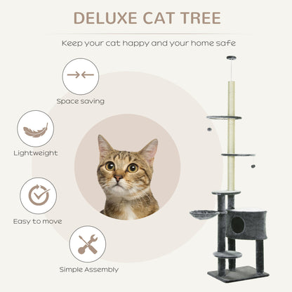 PawHut Floor to Ceiling Cat Tree for Indoor Cats Play Tower Climbing Activity Center Scratching Post Platforms Condo Adjustable Height 220 - 265cm Dark Grey - Baig Merchant