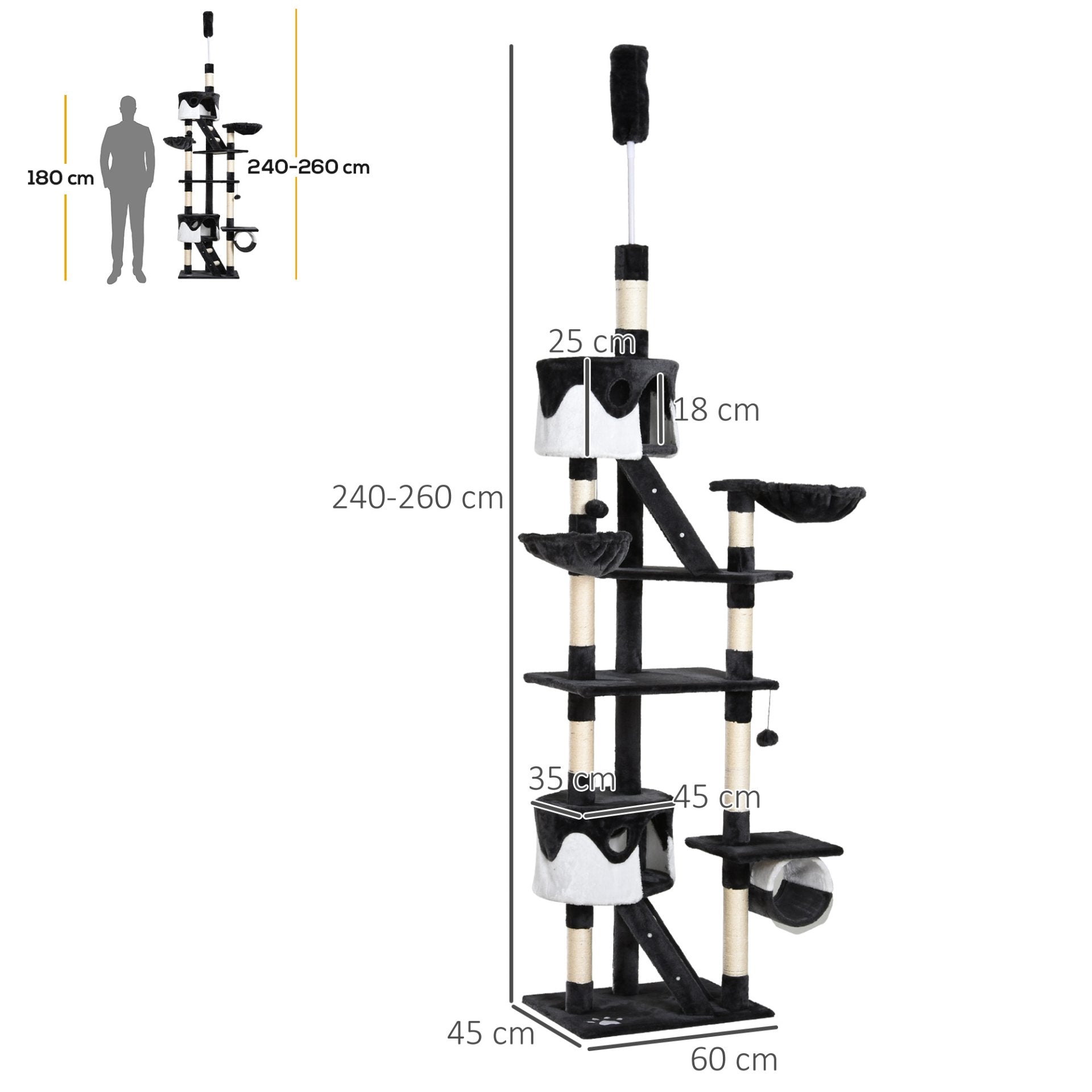 PawHut Floor to Ceiling Cat Tree for Indoor Cats Scratching Post Activity Centre Kitten Tree Scratch Scratcher Play Toy Climbing Tree Bed Multi Level 240 - 260cm Deep Grey - Baig Merchant