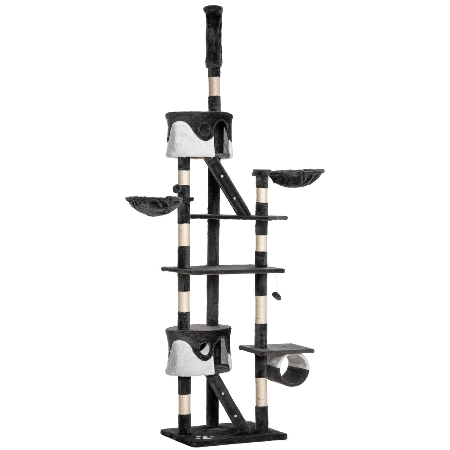 PawHut Floor to Ceiling Cat Tree for Indoor Cats Scratching Post Activity Centre Kitten Tree Scratch Scratcher Play Toy Climbing Tree Bed Multi Level 240 - 260cm Deep Grey - Baig Merchant