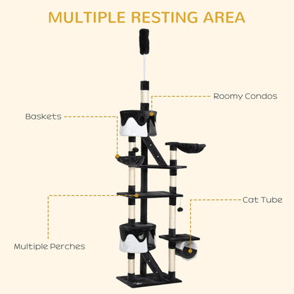 PawHut Floor to Ceiling Cat Tree for Indoor Cats Scratching Post Activity Centre Kitten Tree Scratch Scratcher Play Toy Climbing Tree Bed Multi Level 240 - 260cm Deep Grey - Baig Merchant