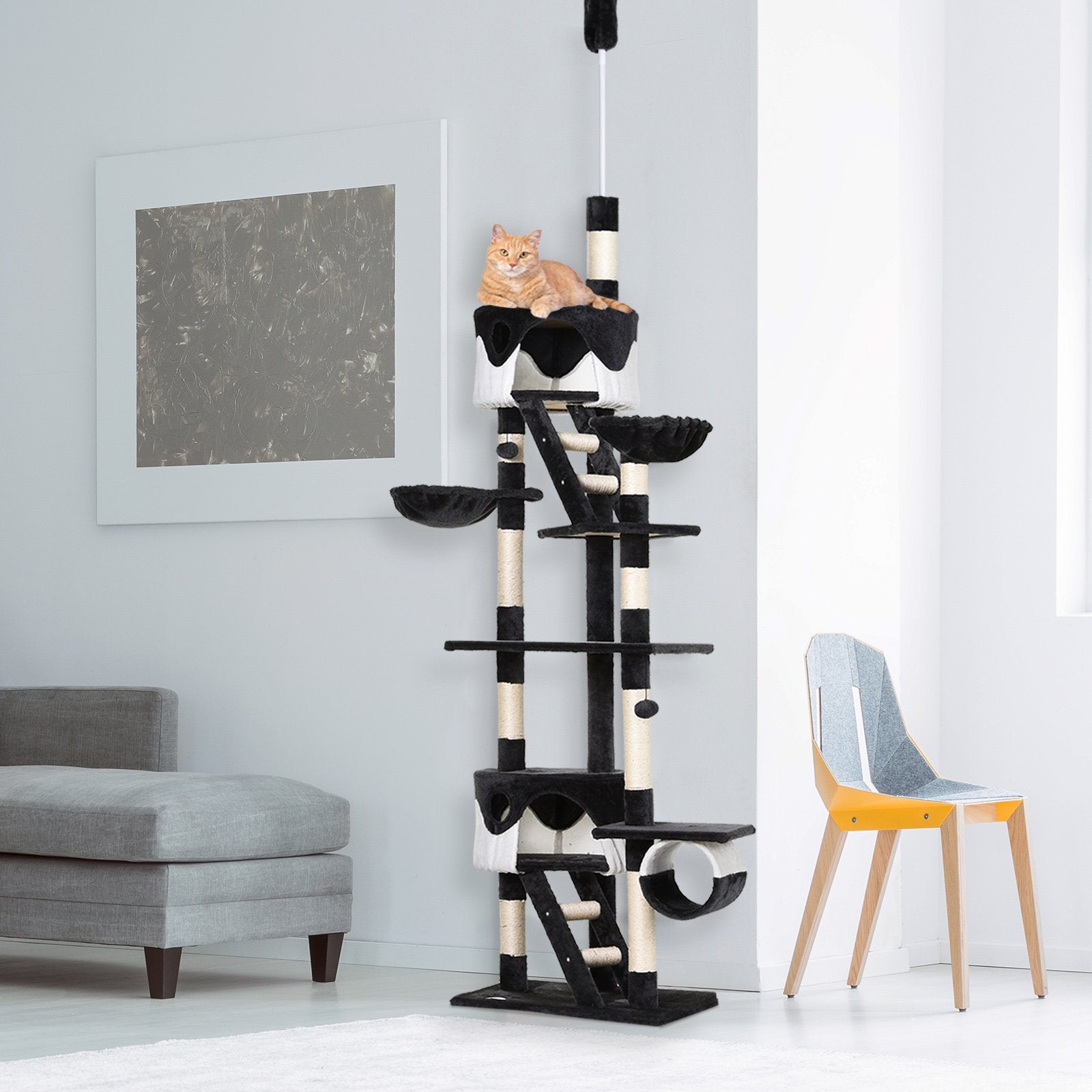 PawHut Floor to Ceiling Cat Tree for Indoor Cats Scratching Post Activity Centre Kitten Tree Scratch Scratcher Play Toy Climbing Tree Bed Multi Level 240 - 260cm Deep Grey - Baig Merchant