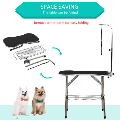 PawHut Foldable Dog Grooming Table Pet Drying Table with Adjustable Arm Non - Slip Rubber Tabletop Aluminium Alloy Edge Stainless Steel Bar Sling 94.5 x 55 x 81cm Black - Baig Merchant