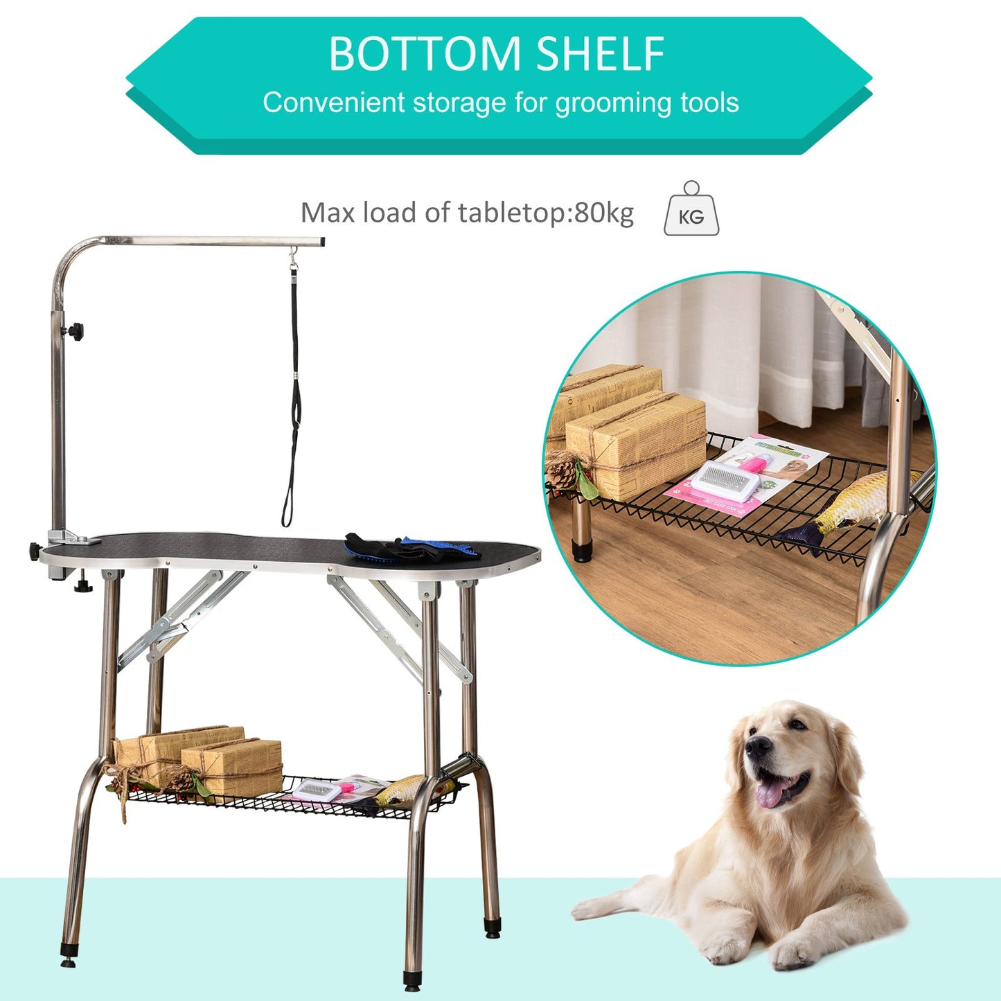 PawHut Foldable Dog Grooming Table Pet Drying Table with Adjustable Arm Non - Slip Rubber Tabletop Aluminium Alloy Edge Stainless Steel Bar Sling 94.5 x 55 x 81cm Black - Baig Merchant