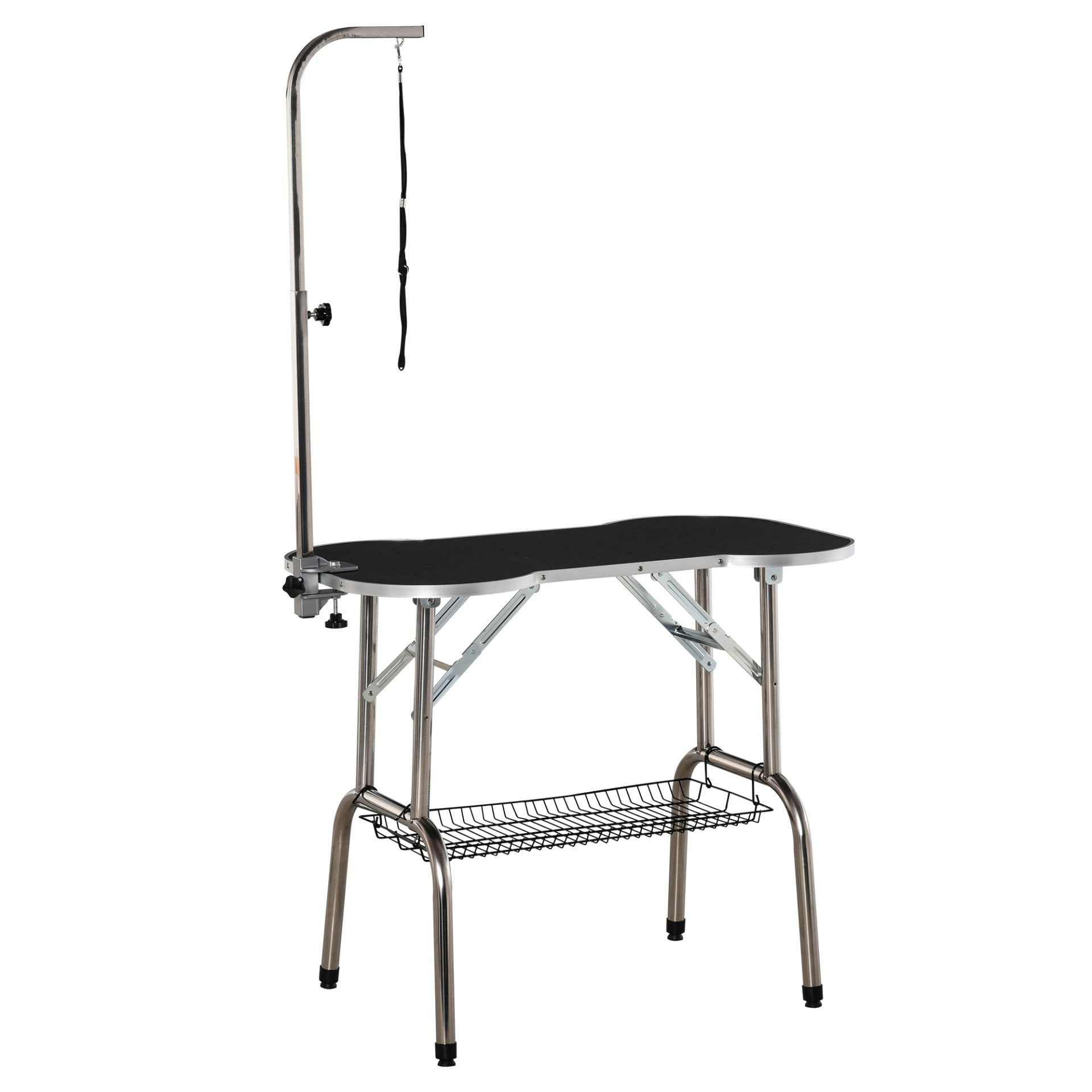 PawHut Foldable Dog Grooming Table Pet Drying Table with Adjustable Arm Non - Slip Rubber Tabletop Aluminium Alloy Edge Stainless Steel Bar Sling 94.5 x 55 x 81cm Black - Baig Merchant