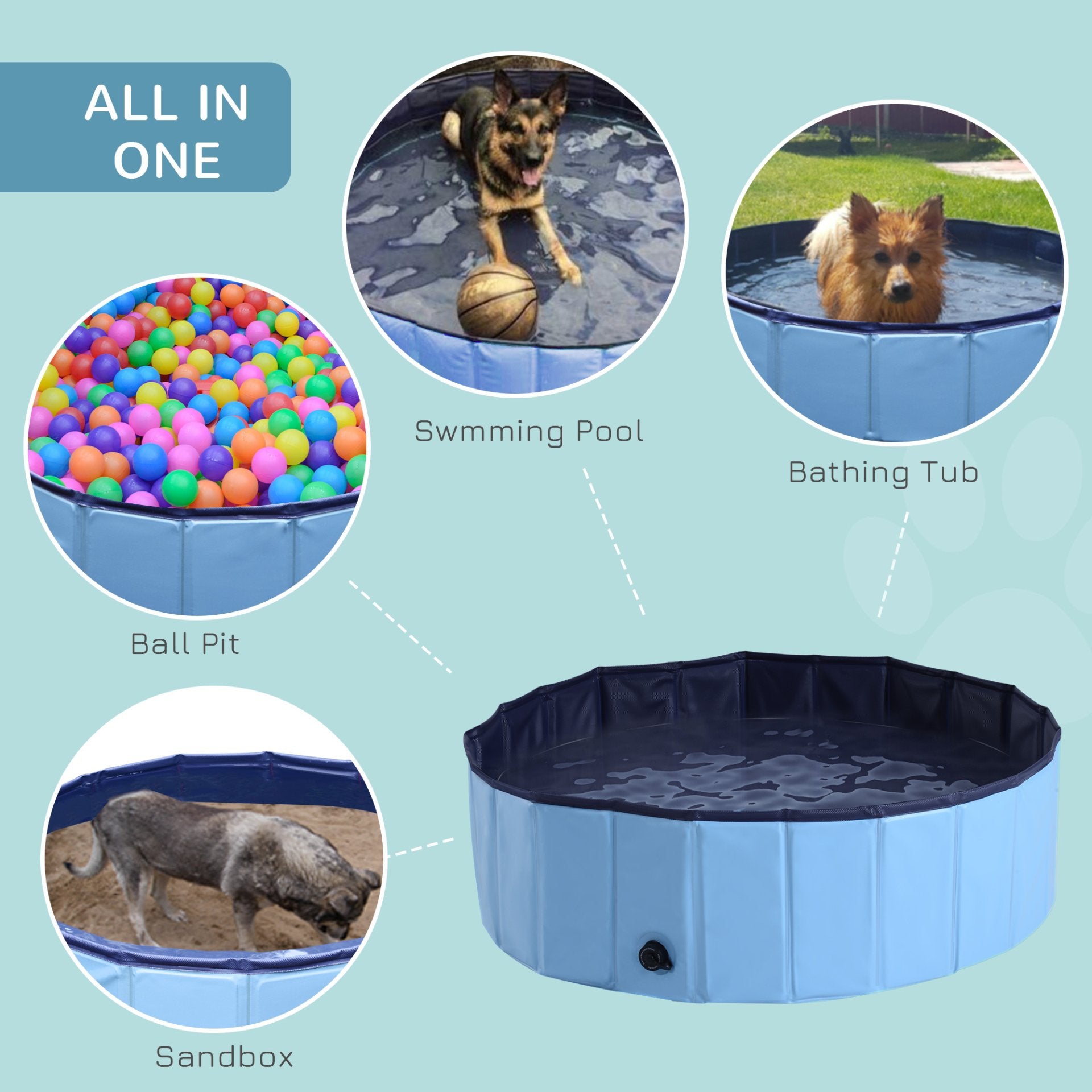 PawHut Foldable Dog Paddling Pool Pet Cat Swimming Pool Indoor/Outdoor Collapsible Summer Bathing Tub Shower Tub Puppy Washer (Φ100 x 30H cm, Blue) - Baig Merchant