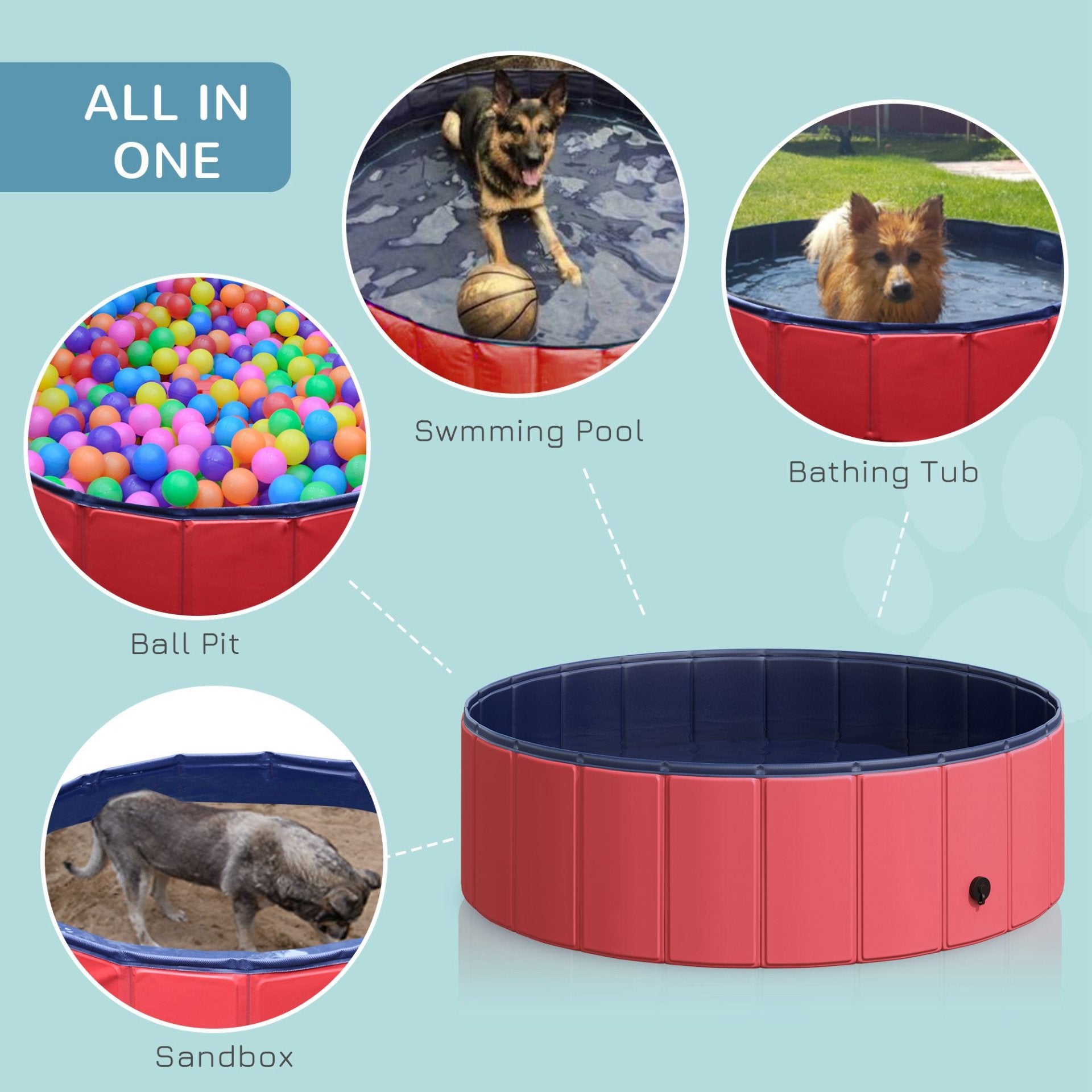 PawHut Foldable Dog Paddling Pool Pet Cat Swimming Pool Indoor/Outdoor Collapsible Summer Bathing Tub Shower Tub Puppy Washer (Φ100 x 30H (cm), Red) - Baig Merchant