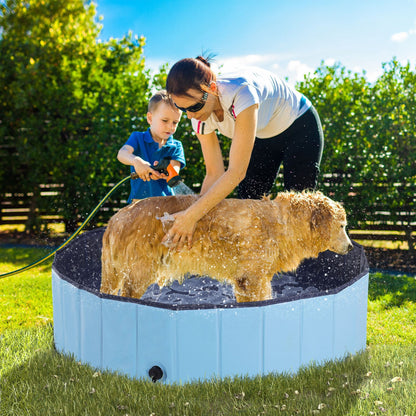 PawHut Foldable Dog Paddling Pool Pet Cat Swimming Pool Indoor/Outdoor Collapsible Summer Bathing Tub Shower Tub Puppy Washer (Φ120 × 30H cm, Blue) - Baig Merchant