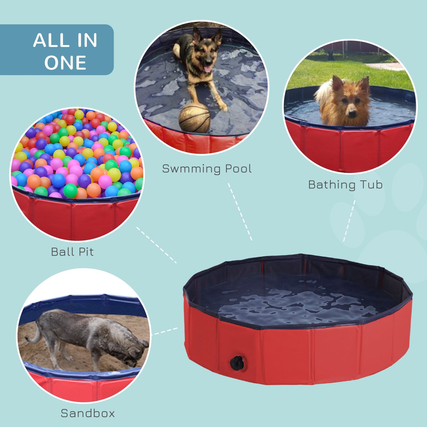 PawHut Foldable Dog Paddling Pool Pet Cat Swimming Pool Indoor/Outdoor Collapsible Summer Bathing Tub Shower Tub Puppy Washer (Φ80 × 20H cm, Red) - Baig Merchant