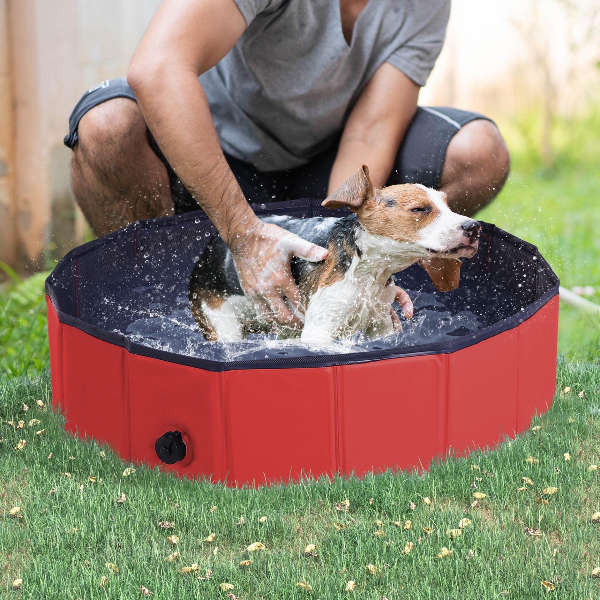 PawHut Foldable Dog Paddling Pool Pet Cat Swimming Pool Indoor/Outdoor Collapsible Summer Bathing Tub Shower Tub Puppy Washer (Φ80 × 20H cm, Red) - Baig Merchant