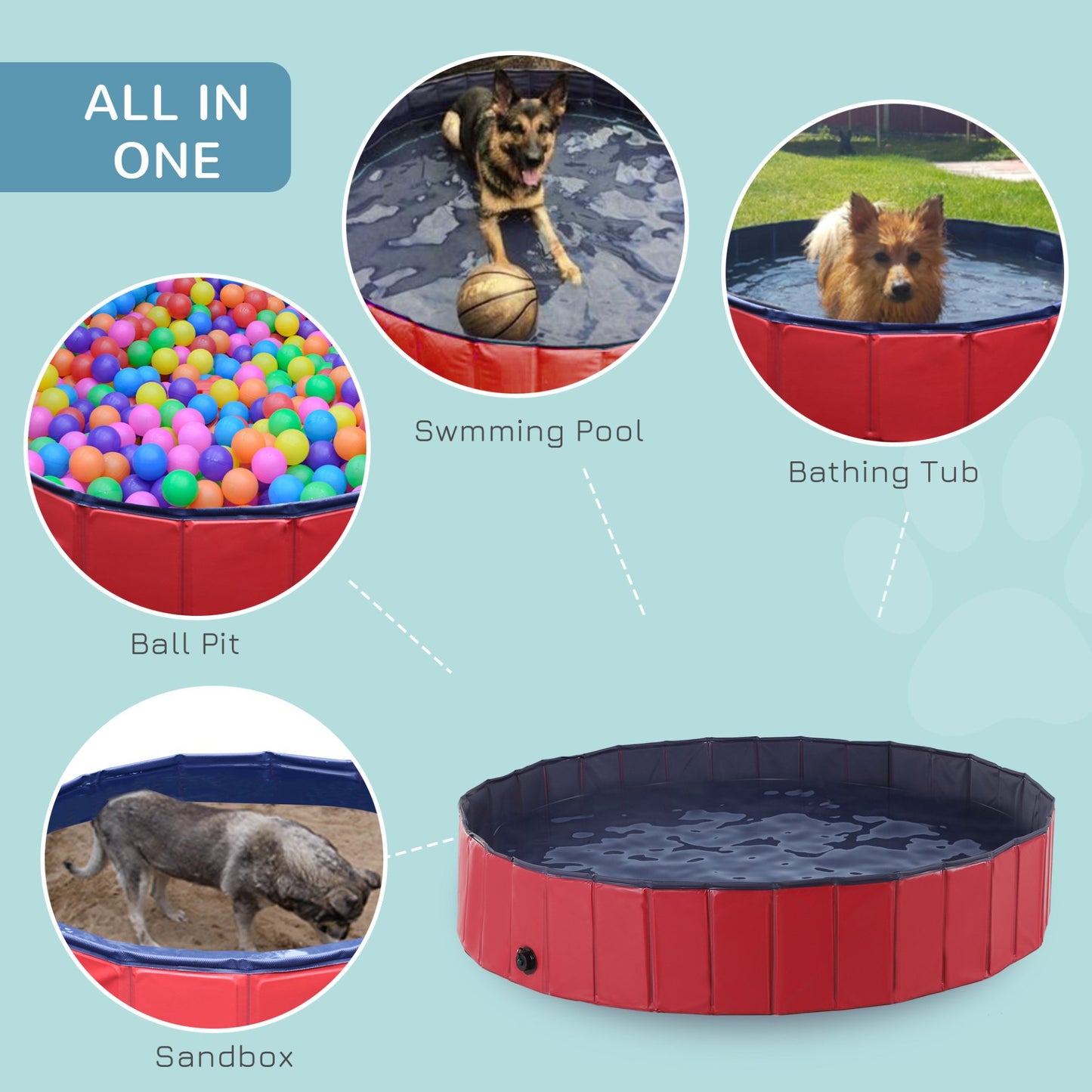 PawHut Foldable Dog Paddling Pool Pet Cat Swimming Pool Indoor/Outdoor Collapsible Summer Bathing Tub Shower Tub Puppy Washer (Red, Φ160 × 30H cm) - Baig Merchant