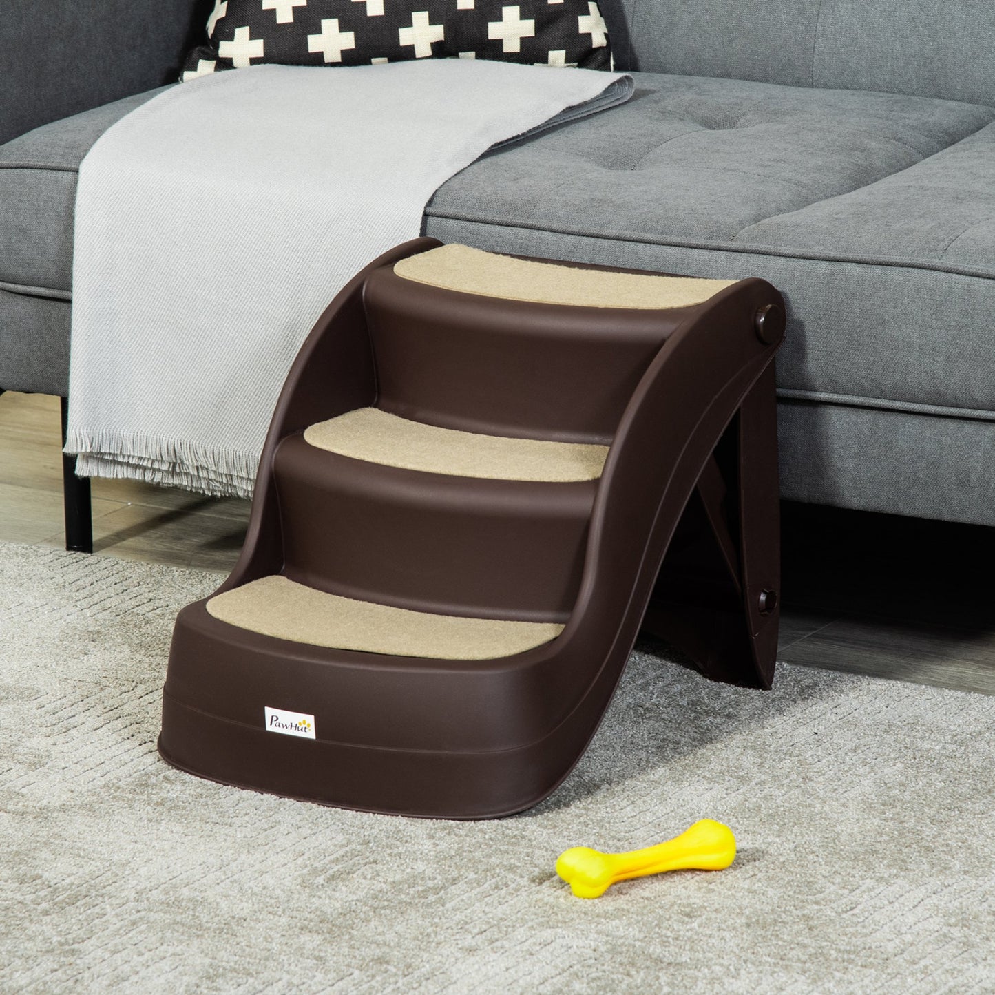 PawHut Foldable Pet Stairs Portable Dog Steps 3 - Step Design with Non - slip Mats for High Beds, Sofas, 49 x 38 x 38 cm, Brown - Baig Merchant