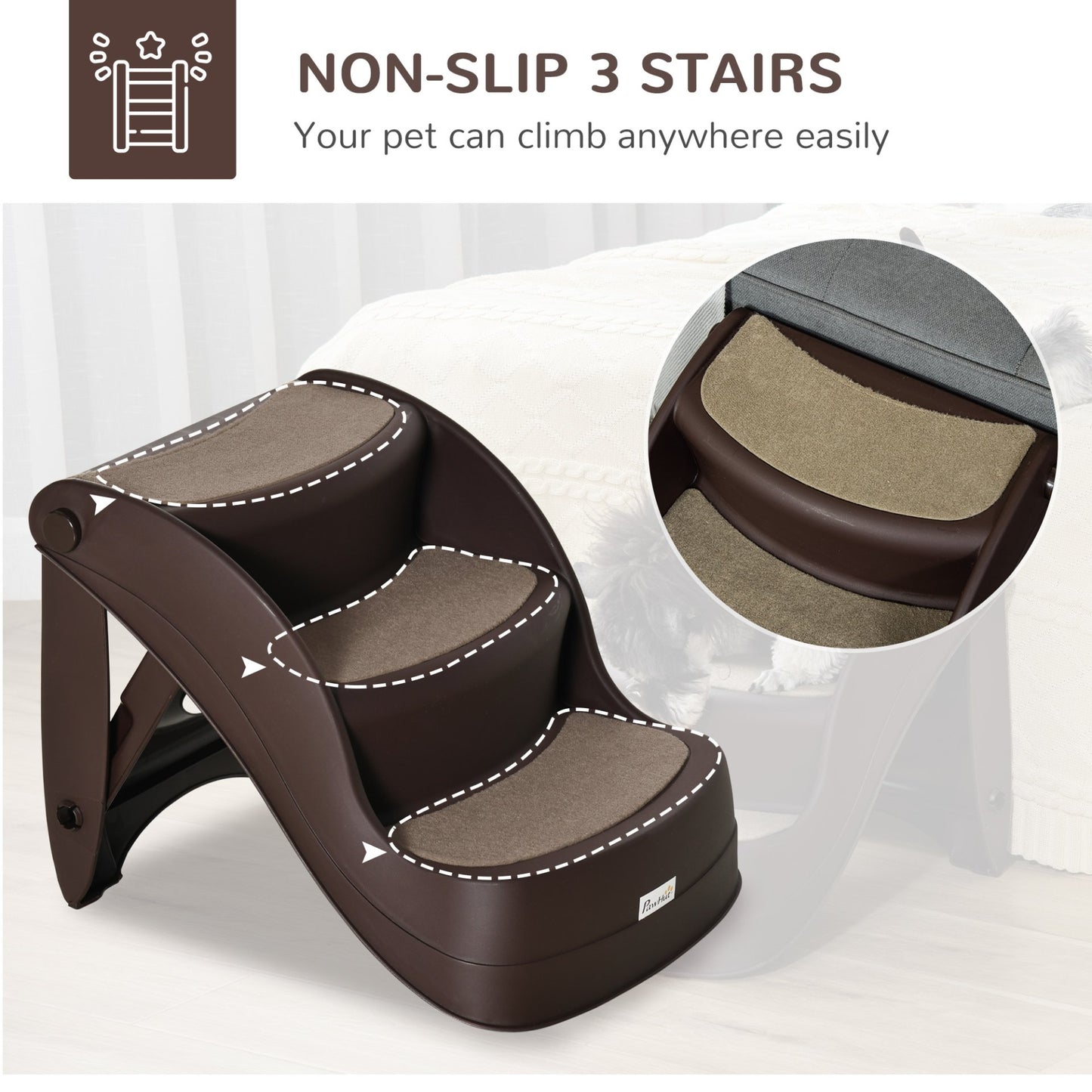 PawHut Foldable Pet Stairs Portable Dog Steps 3 - Step Design with Non - slip Mats for High Beds, Sofas, 49 x 38 x 38 cm, Brown - Baig Merchant