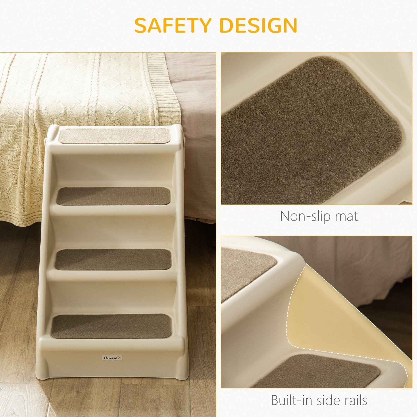 PawHut Foldable Pet Stairs Portable Dog Steps for Sofa, Bed, Four - Step Design for Cats, Small Miniature Dogs w/ Non - Slip Mats - Beige, 62 x 38 x 49.5cm - Baig Merchant