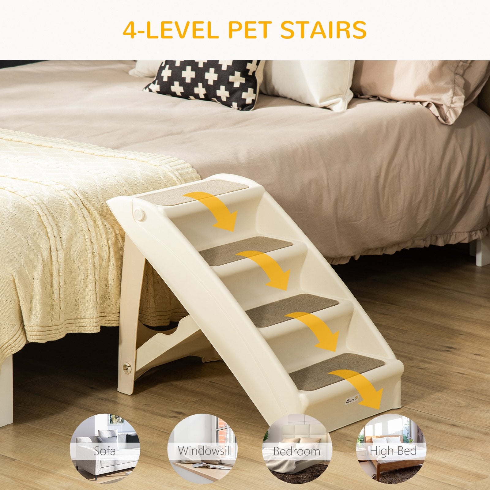 PawHut Foldable Pet Stairs Portable Dog Steps for Sofa, Bed, Four - Step Design for Cats, Small Miniature Dogs w/ Non - Slip Mats - Beige, 62 x 38 x 49.5cm - Baig Merchant