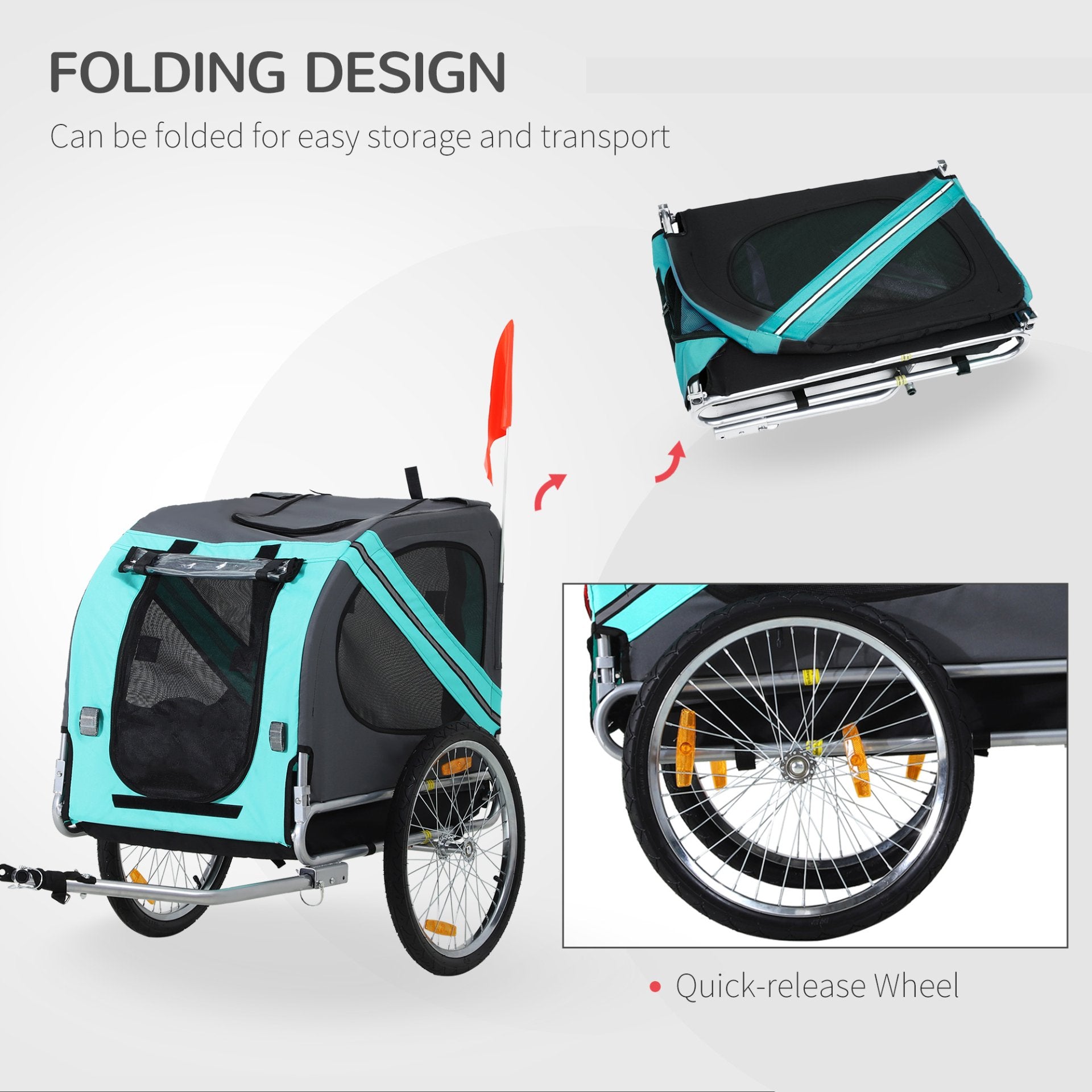 PawHut Folding Dog Bike Trailer Pet Cart Carrier for Bicycle Travel in Steel Frame with Hitch Coupler - Light Blue & Grey - Baig Merchant