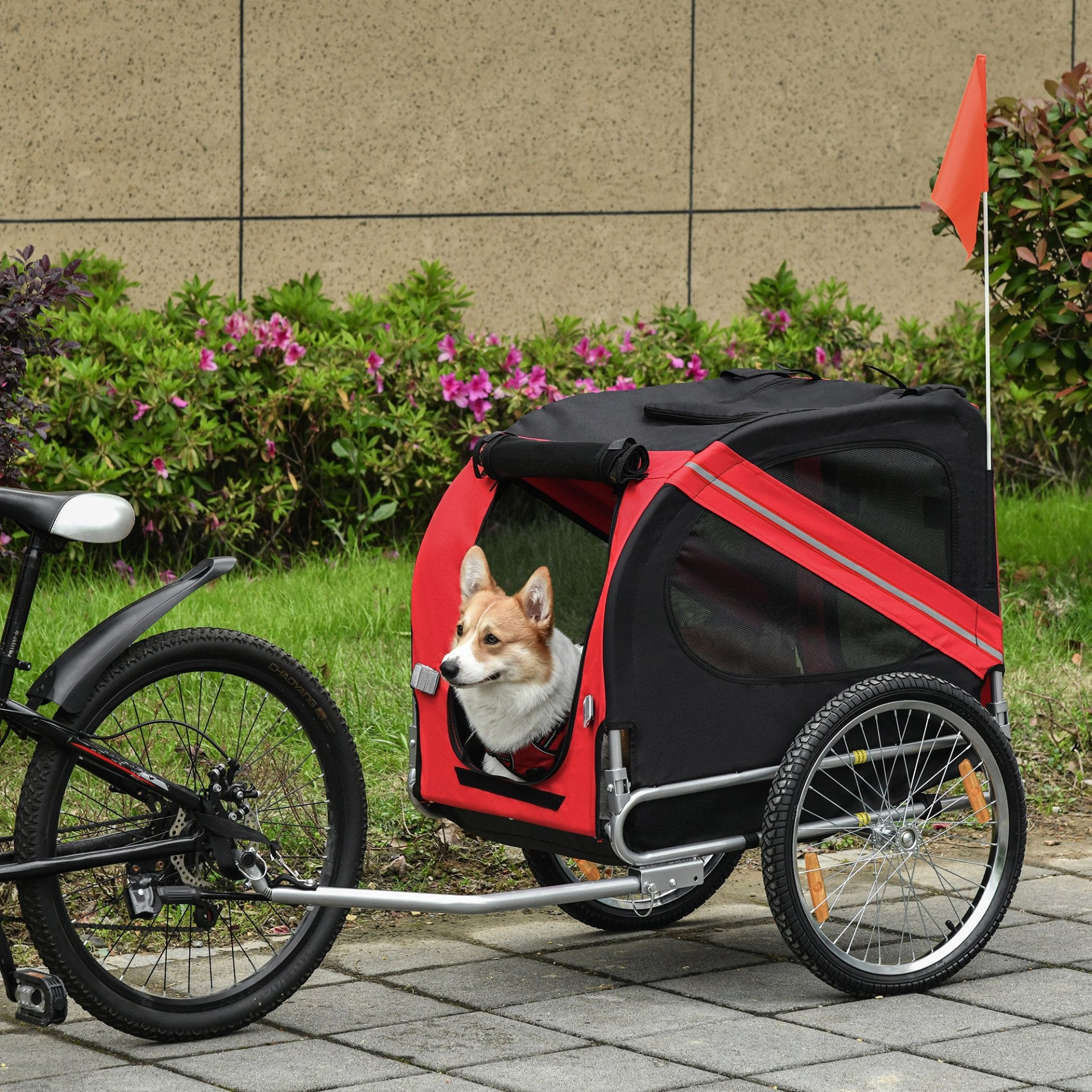 PawHut Folding Dog Bike Trailer Pet Cart Carrier for Bicycle Travel with Hitch Coupler in Steel Frame - Red & Black - Baig Merchant