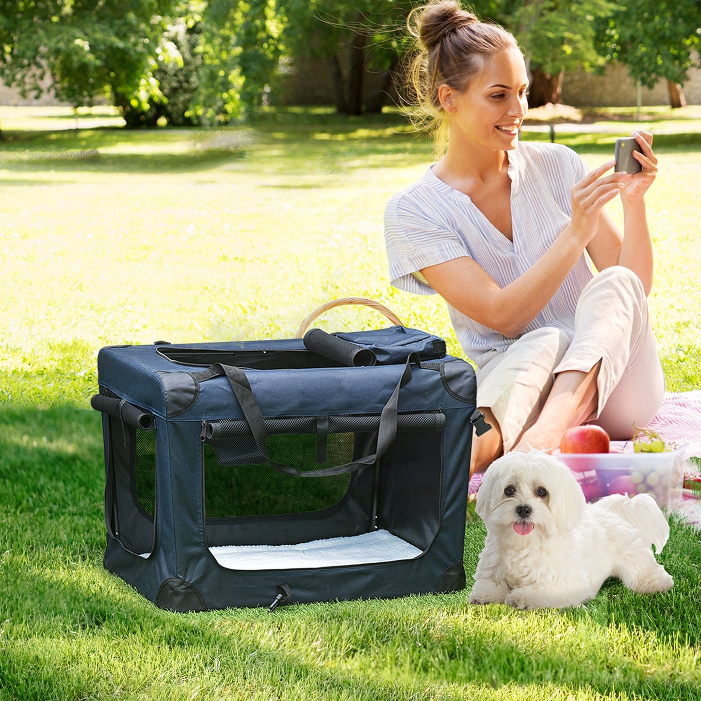 PawHut Folding Pet Carrier Bag Soft Portable Dog Cat Crate with Cushion Storage Bags, Dark Blue, 60x41.5x41cm - Baig Merchant