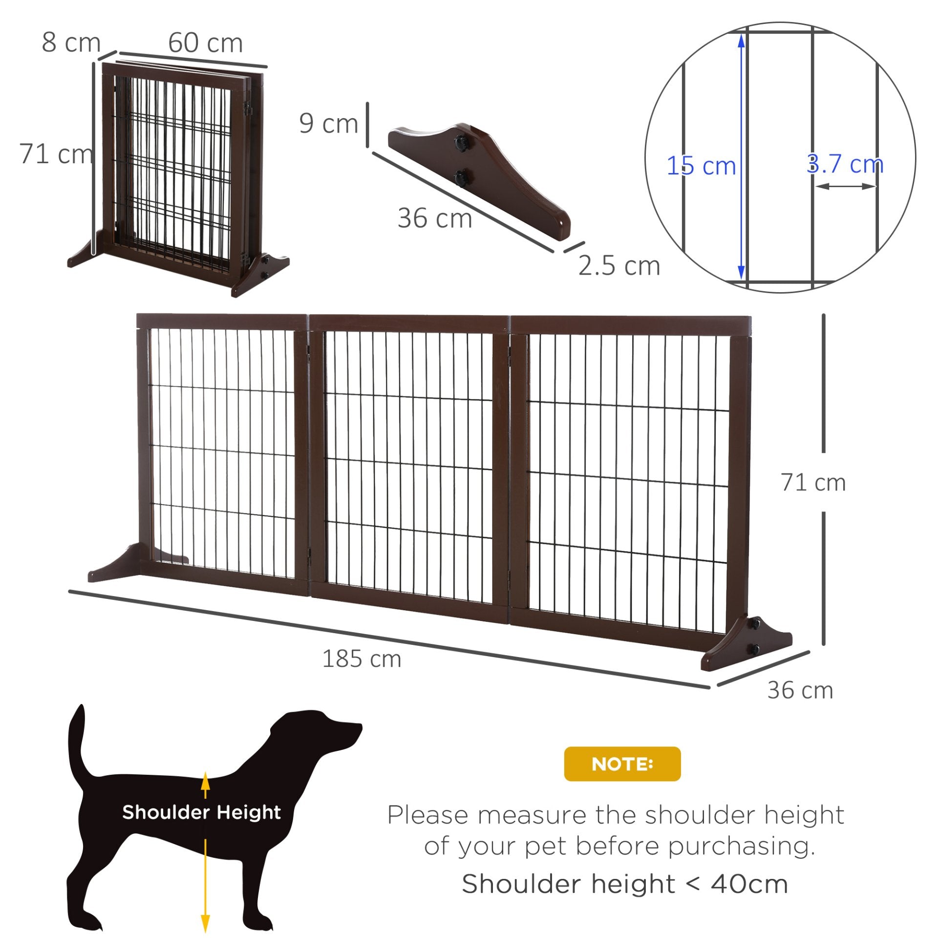 PawHut Freestanding Dog Gate 3 Panel Safety Pet Barrier Foldable w/ Support Feet Brown 185 x71 cm - Baig Merchant