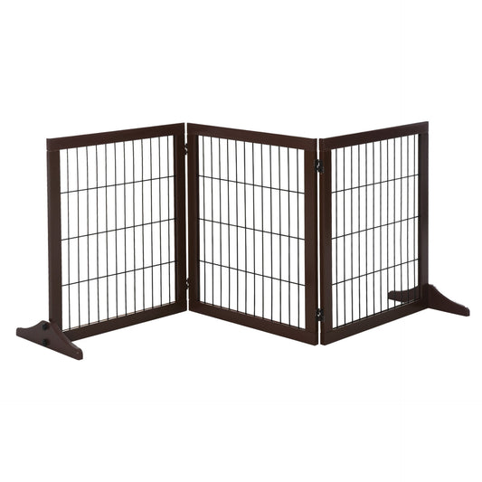 PawHut Freestanding Dog Gate 3 Panel Safety Pet Barrier Foldable w/ Support Feet Brown 185 x71 cm - Baig Merchant