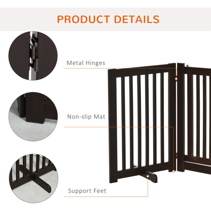 PawHut Freestanding Dog Gate Wood Doorway Safety Pet Barrier Fence Foldable w/ Latch Support Feet Deep Brown, 155 x 76 cm - Baig Merchant