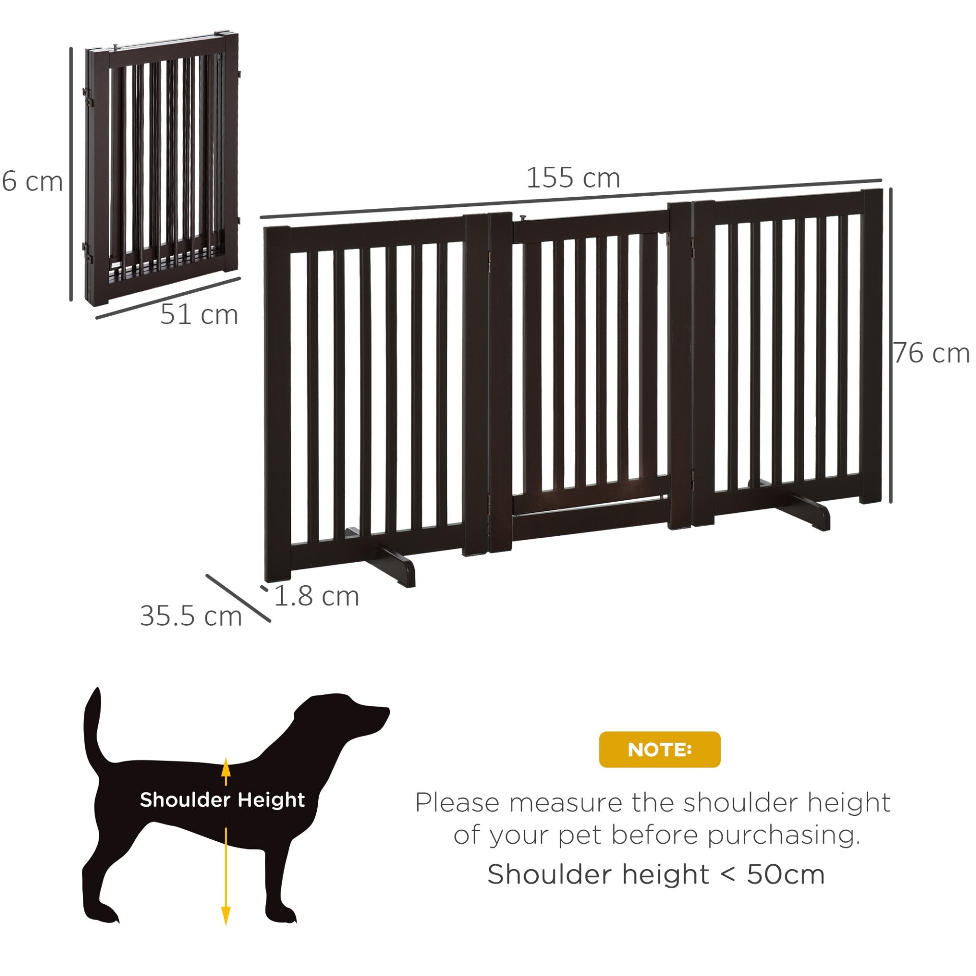 PawHut Freestanding Dog Gate Wood Doorway Safety Pet Barrier Fence Foldable w/ Latch Support Feet Deep Brown, 155 x 76 cm - Baig Merchant