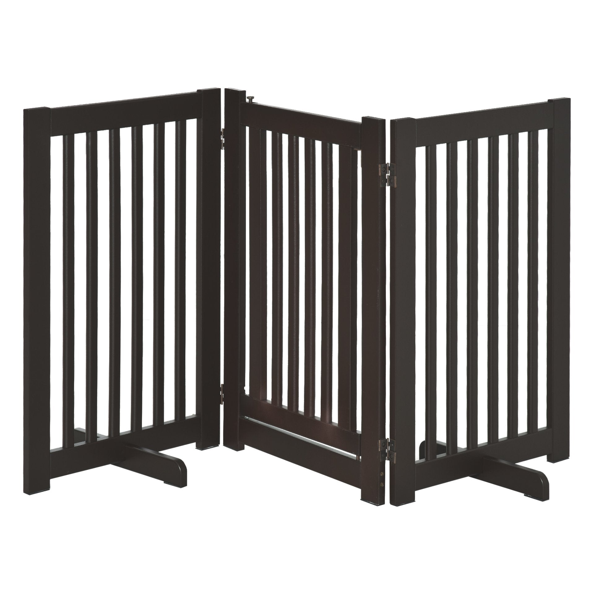 PawHut Freestanding Dog Gate Wood Doorway Safety Pet Barrier Fence Foldable w/ Latch Support Feet Deep Brown, 155 x 76 cm - Baig Merchant