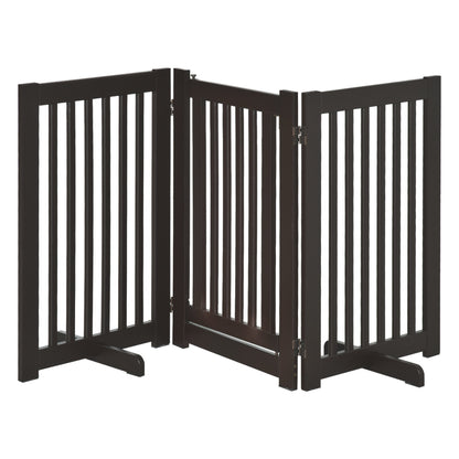 PawHut Freestanding Dog Gate Wood Doorway Safety Pet Barrier Fence Foldable w/ Latch Support Feet Deep Brown, 155 x 76 cm - Baig Merchant