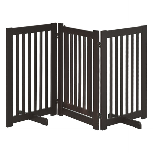 PawHut Freestanding Dog Gate Wood Doorway Safety Pet Barrier Fence Foldable w/ Latch Support Feet Deep Brown, 155 x 76 cm - Baig Merchant