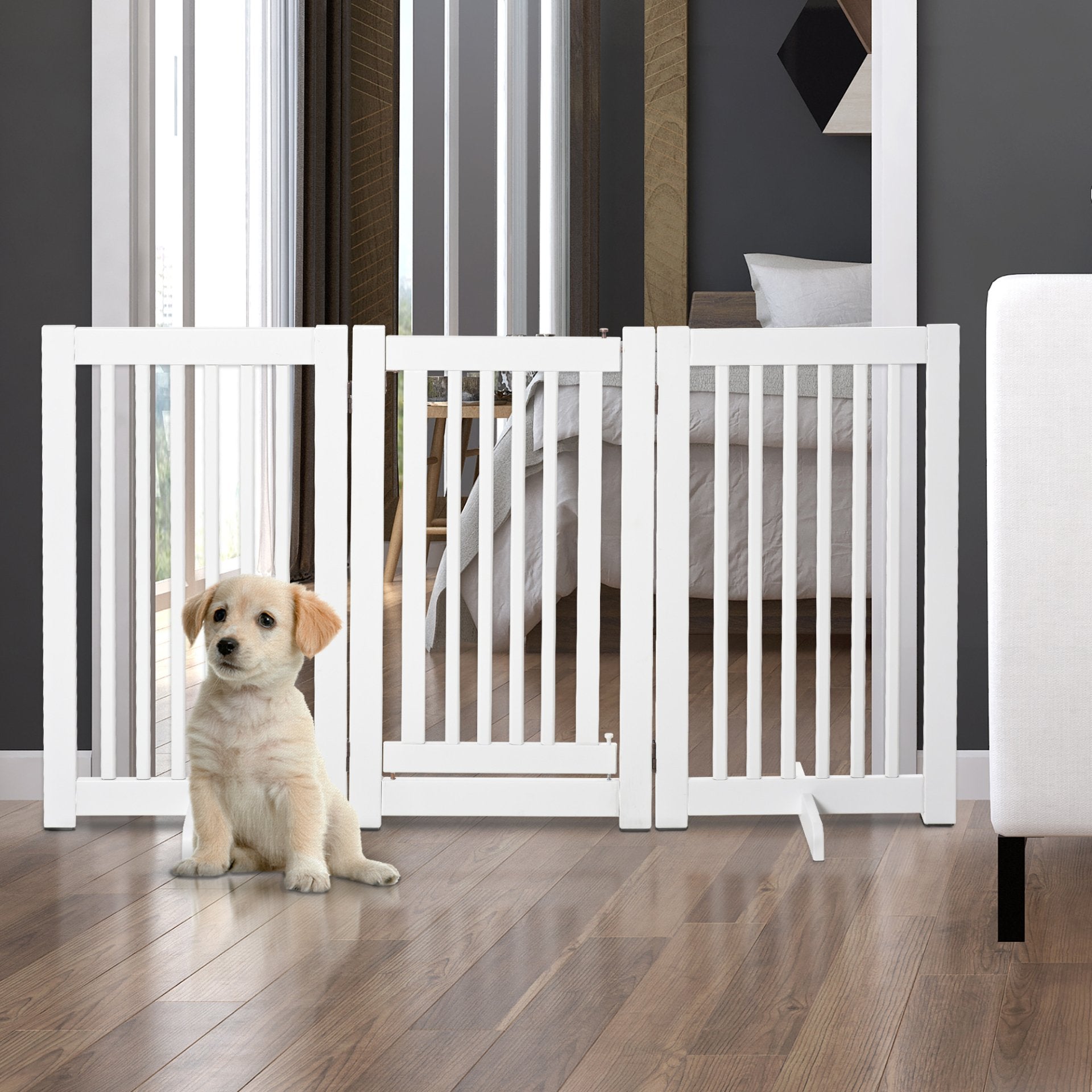 PawHut Freestanding Dog Gate Wood Doorway Safety Pet Barrier Fence Foldable w/ Latch Support Feet White, 155 x 76 cm - Baig Merchant