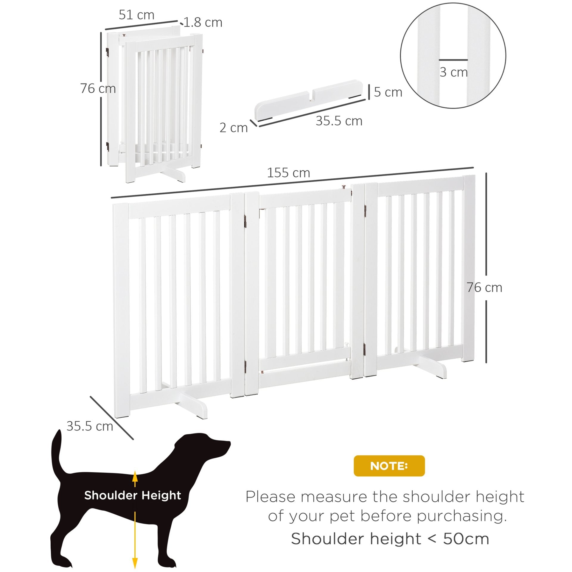 PawHut Freestanding Dog Gate Wood Doorway Safety Pet Barrier Fence Foldable w/ Latch Support Feet White, 155 x 76 cm - Baig Merchant