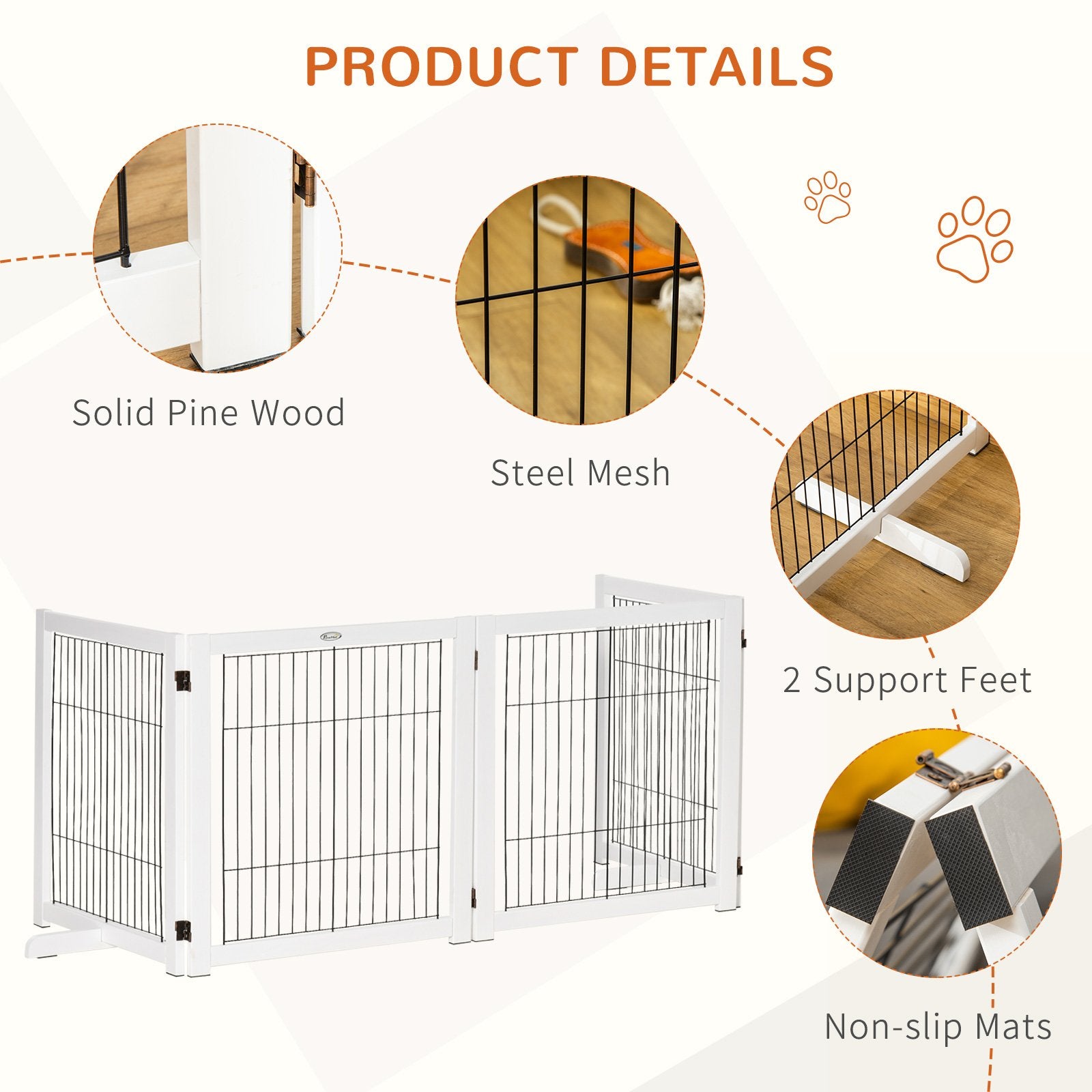 PawHut Freestanding Pet Gate 4 Panel Wooden Dog Barrier Foldable Safety Fence with Support Feet 264cm Long 77cm Tall for Doorway Stairs White - Baig Merchant