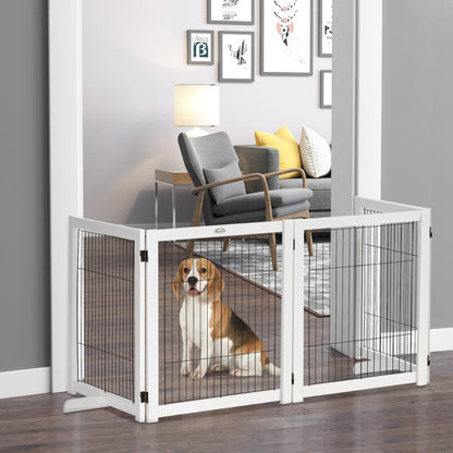 PawHut Freestanding Pet Gate 4 Panel Wooden Dog Barrier Foldable Safety Fence with Support Feet 264cm Long 77cm Tall for Doorway Stairs White - Baig Merchant