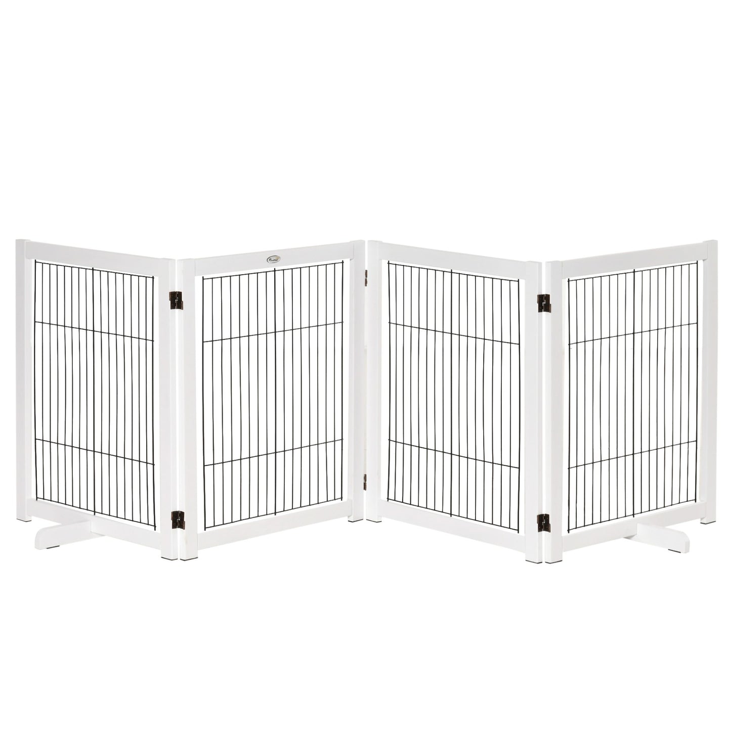 PawHut Freestanding Pet Gate 4 Panel Wooden Dog Barrier Foldable Safety Fence with Support Feet 264cm Long 77cm Tall for Doorway Stairs White - Baig Merchant