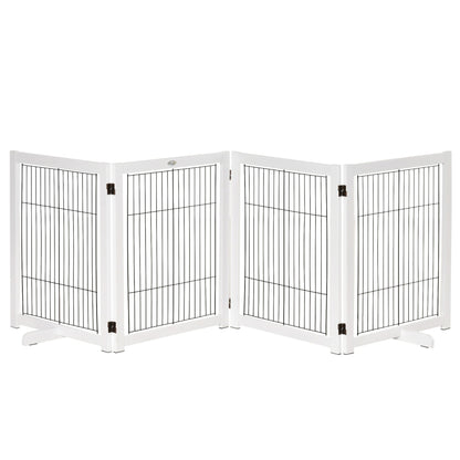 PawHut Freestanding Pet Gate 4 Panel Wooden Dog Barrier Foldable Safety Fence with Support Feet 264cm Long 77cm Tall for Doorway Stairs White - Baig Merchant