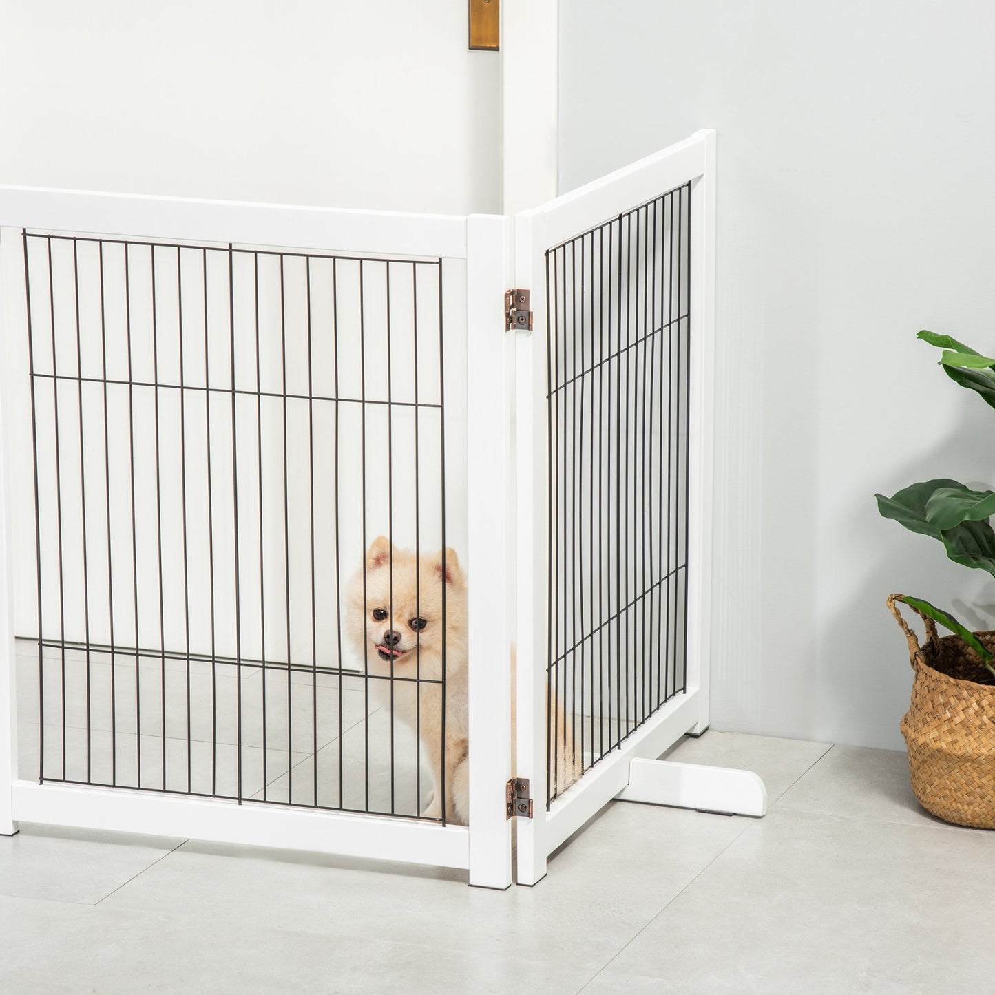 PawHut Freestanding Pet Gate 4 Panel Wooden Dog Barrier Foldable Safety Fence with Support Feet 264cm Long 77cm Tall for Doorway Stairs White - Baig Merchant